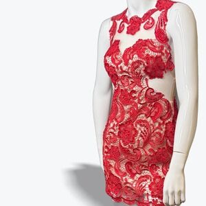 Dave & Johnny Illusion Dress Sheer Red‎ Lace Mini Party Cocktail Y2K Coquette